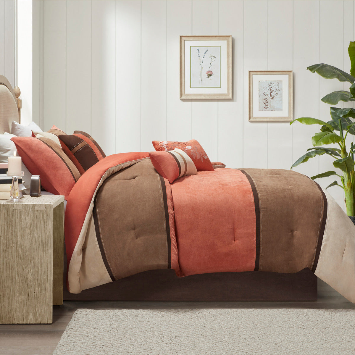 7 Piece Faux Suede Comforter Set Coral Queen by HouseOfZazla in coral/brown tones on Tampa Home & Garden Store