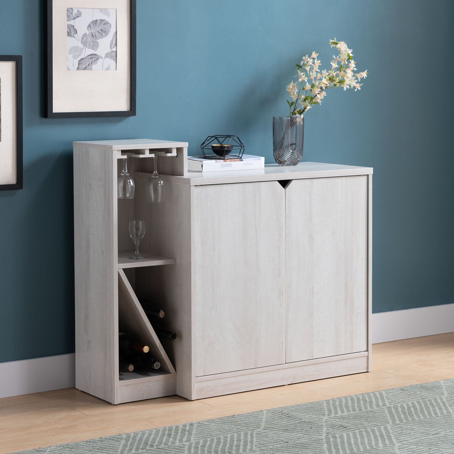 White Oak Bar Cabinet With Four Wine Bottle Rack