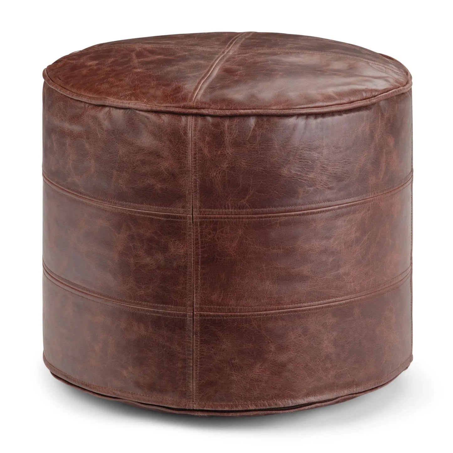 Connor Round Pouf brown leather with visible stitching by Unique Piece Furniture on Tampa Home & Garden Store