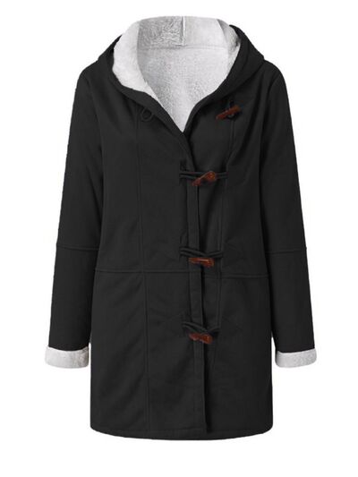 Pocketed hooded toggle jacket black Stevvex with white faux fur hood lining on Tampa Home & Garden Store
