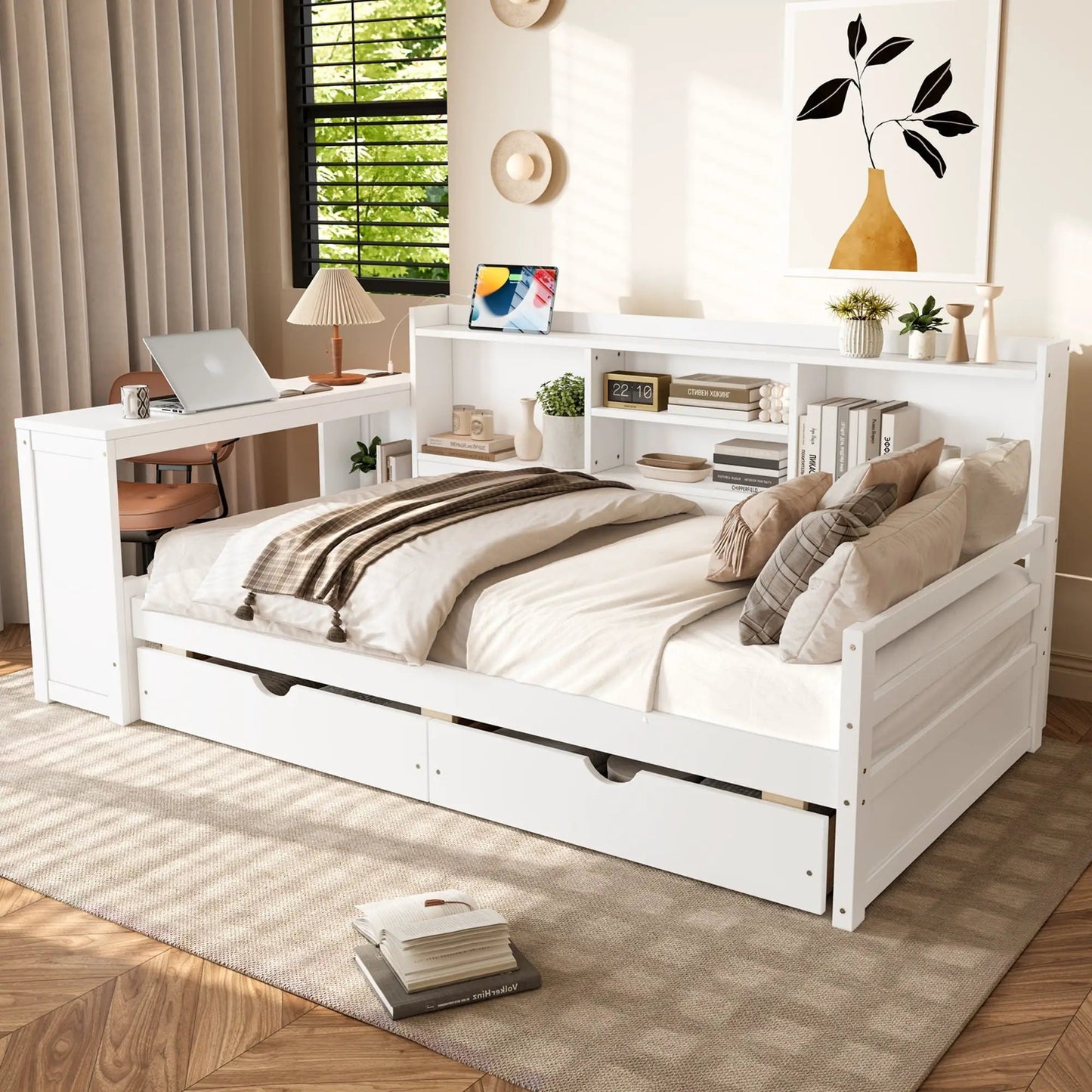 Corner Daybed With Storage Drawers and Bookcase