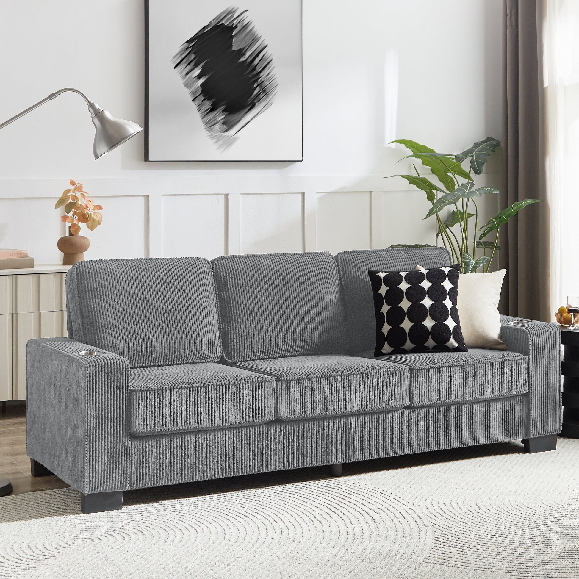 Modern Corduroy 3-Seater Sofa by HouseOfZazla in gray ribbed fabric on Tampa Home & Garden Store