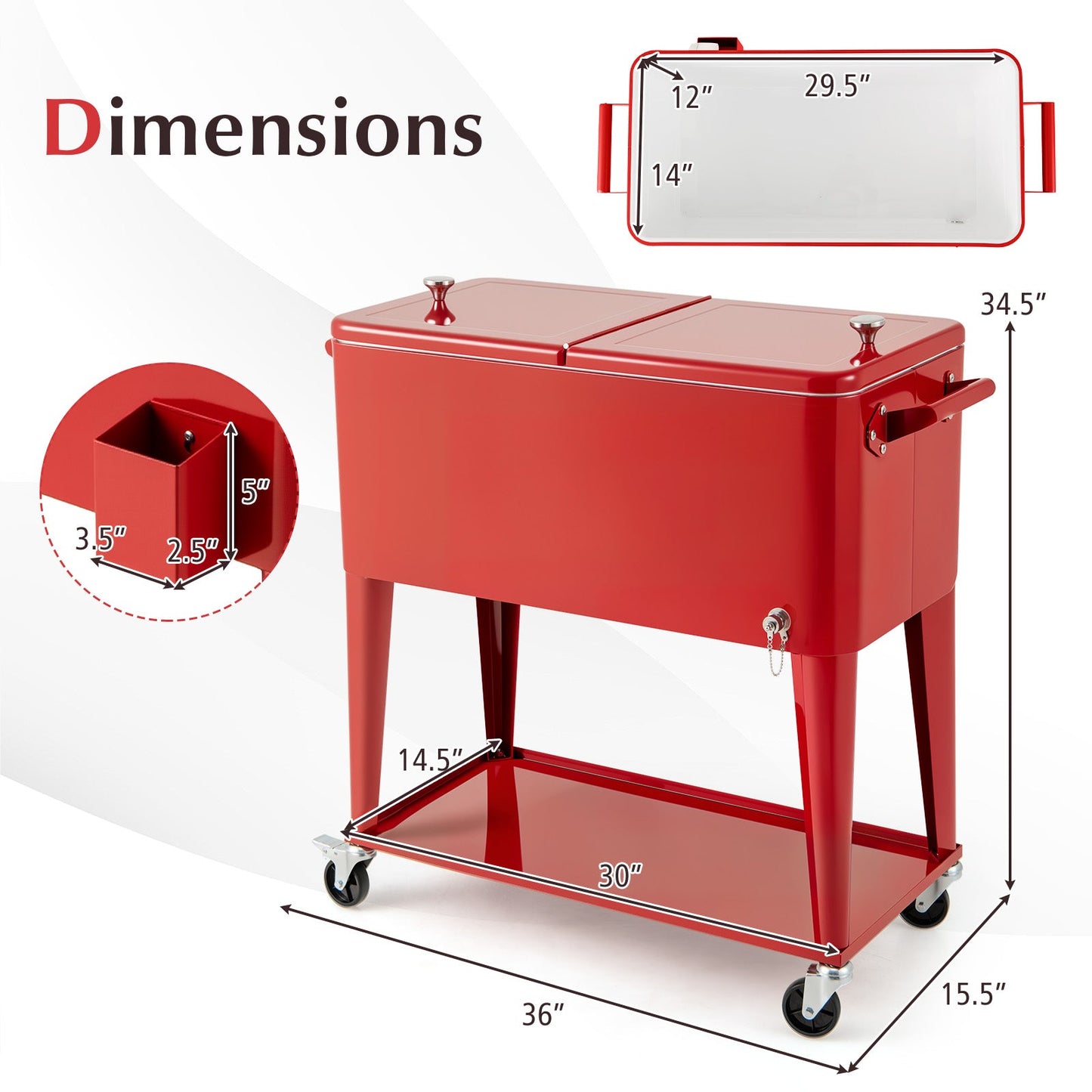 Portable patio cooler GemGear with bottom storage shelf and bottle opener, red on wheeled cart on Tampa Home & Garden Store