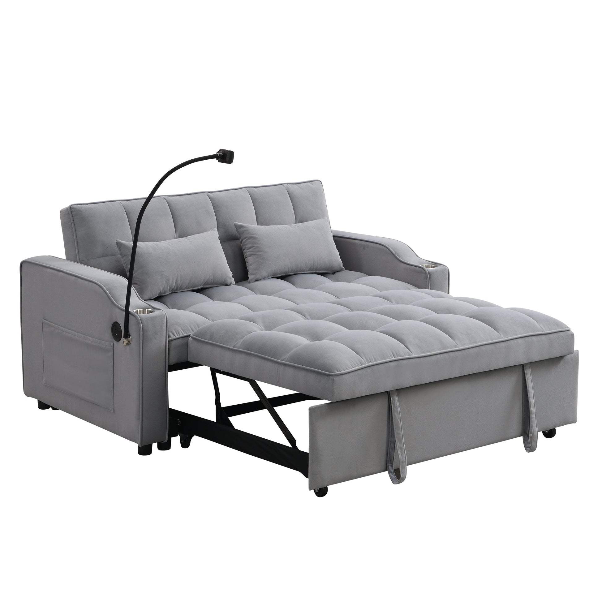 Modern velvet loveseat futon sofa with pullout bed in grey, HouseOfZazla sleeper ottoman on Tampa Home & Garden Store