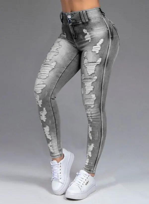 Fashion Ripped Women's Skinny Jeans high-waist light gray distressed denim FLIPSTYLEZLLC on Tampa Home & Garden Store