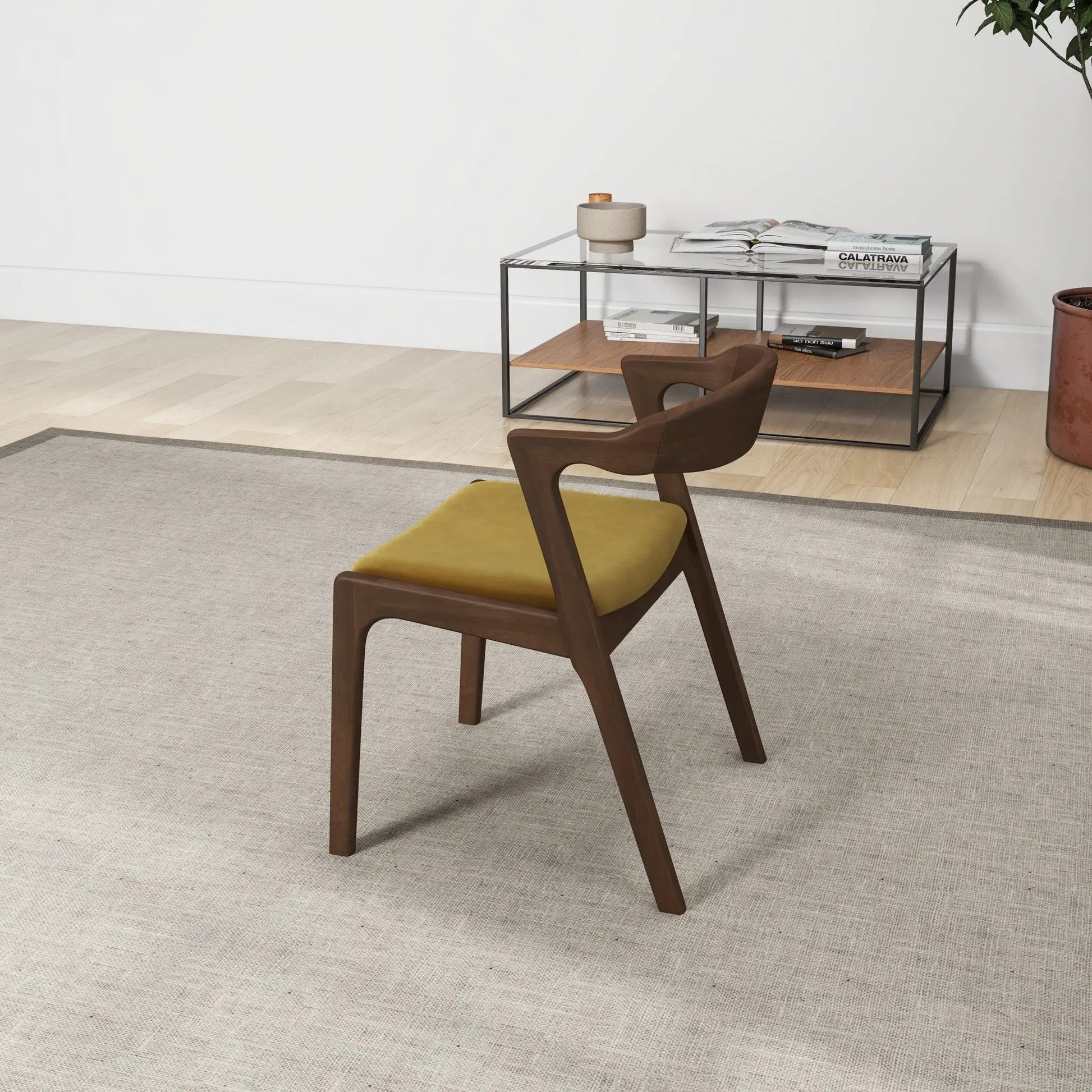 Dakota mid-century dining chairs set of 2 with walnut frames and mustard-yellow upholstery on Tampa Home & Garden Store