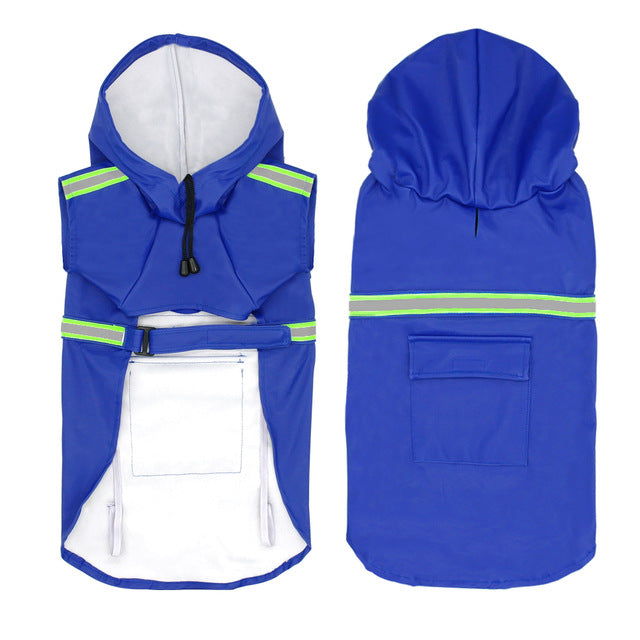 Pet Zen waterproof dog raincoat in blue, lime reflective stripes, hooded with white lining on Tampa Home & Garden Store