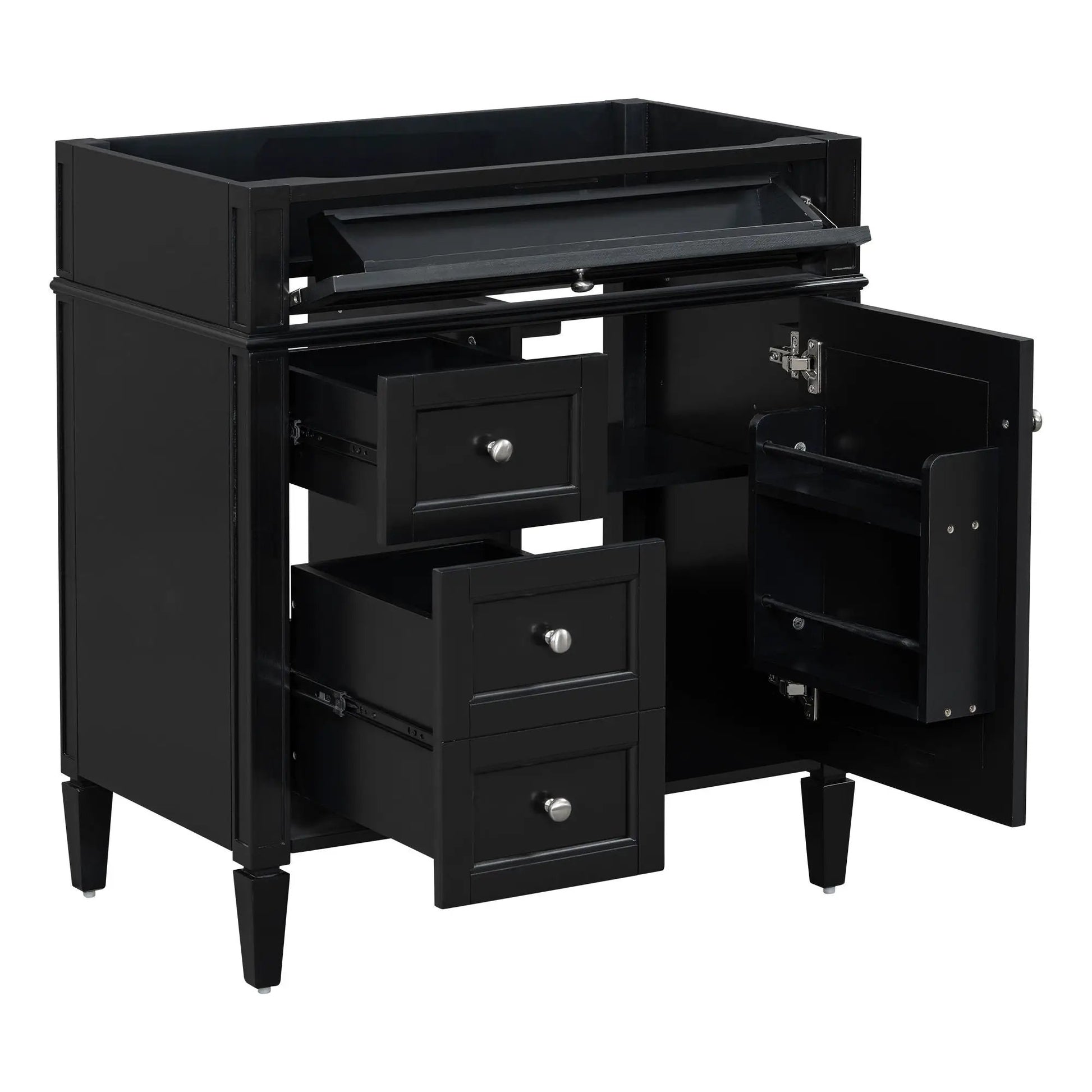 Black bathroom vanity base with 2 drawers and tip-out storage cabinet by Unique Piece Furniture on Tampa Home & Garden Store
