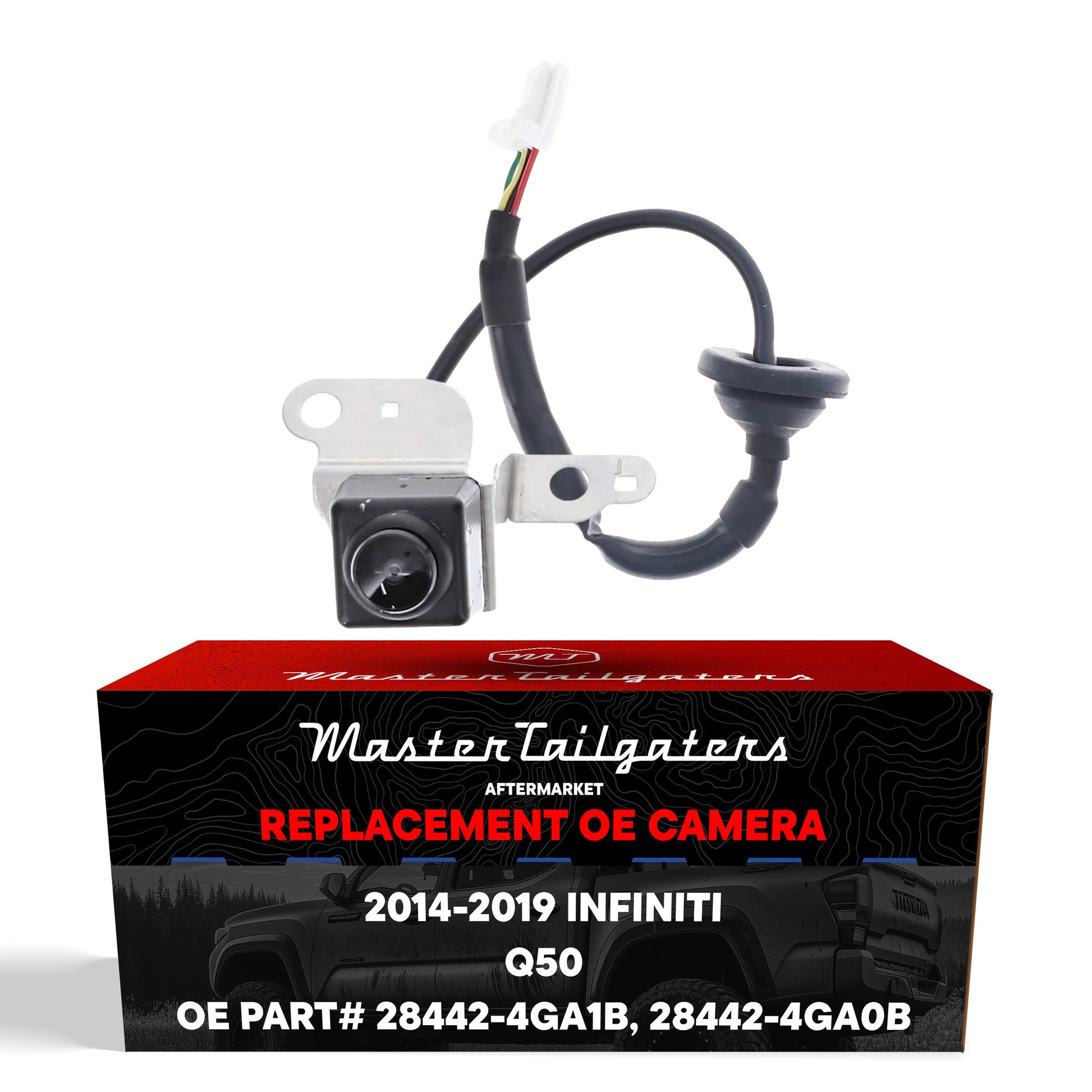 Master Tailgaters OEM backup camera for Infiniti Q50 2014–2019 with black housing and multicolor wiring on Tampa Home & Garden Store