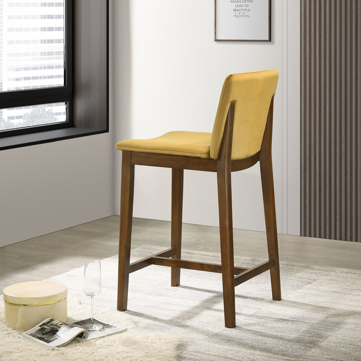 Mid-Century Counter Chair with Full-Back Comfort yellow upholstery and wood legs on Tampa Home & Garden Store