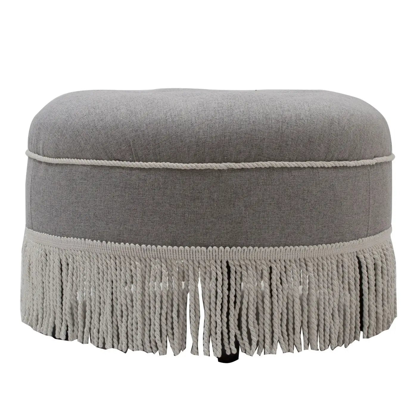 Yolanda round upholstered ottoman in grey fabric with rope trim and tassel fringe on Tampa Home & Garden Store