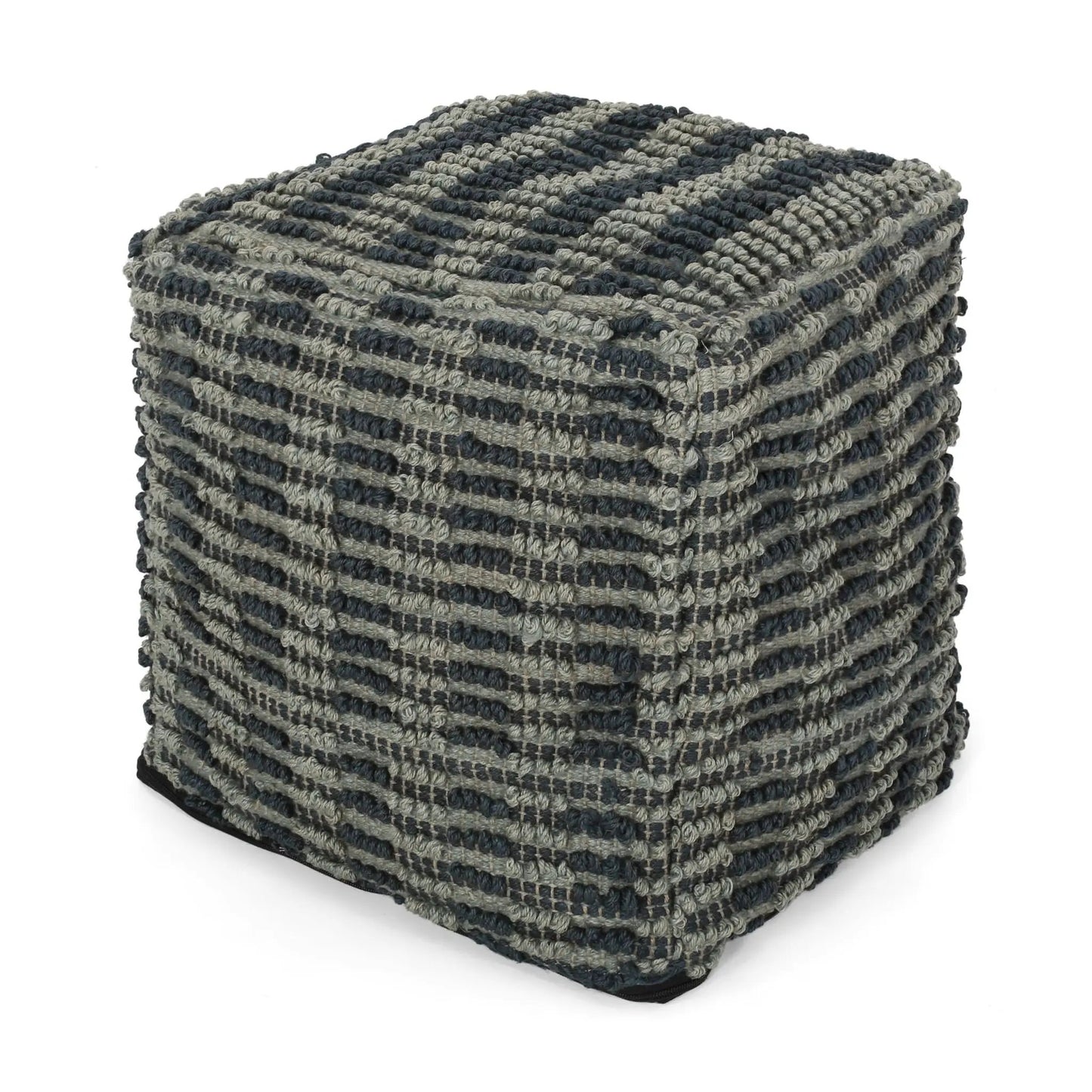 Walle fabric square pouf ottoman in teal blue and grey woven fabric, stack of 3 on Tampa Home & Garden Store
