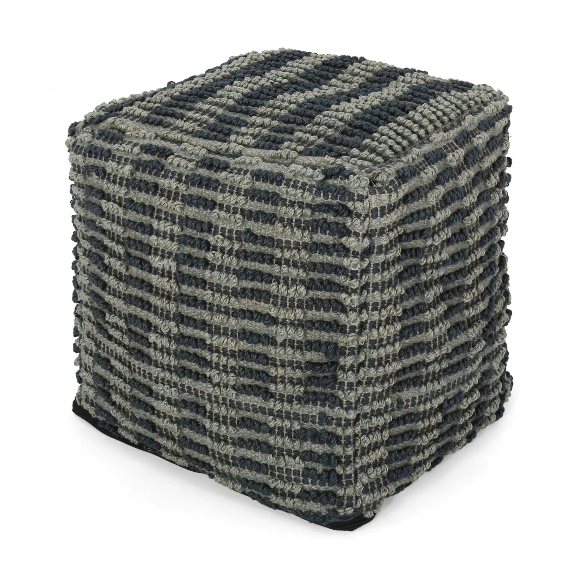 Walle fabric square pouf ottoman in teal blue and grey woven fabric, stack of 3 on Tampa Home & Garden Store