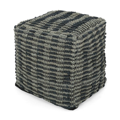 Walle fabric square pouf ottoman in teal blue and grey woven fabric, stack of 3 on Tampa Home & Garden Store