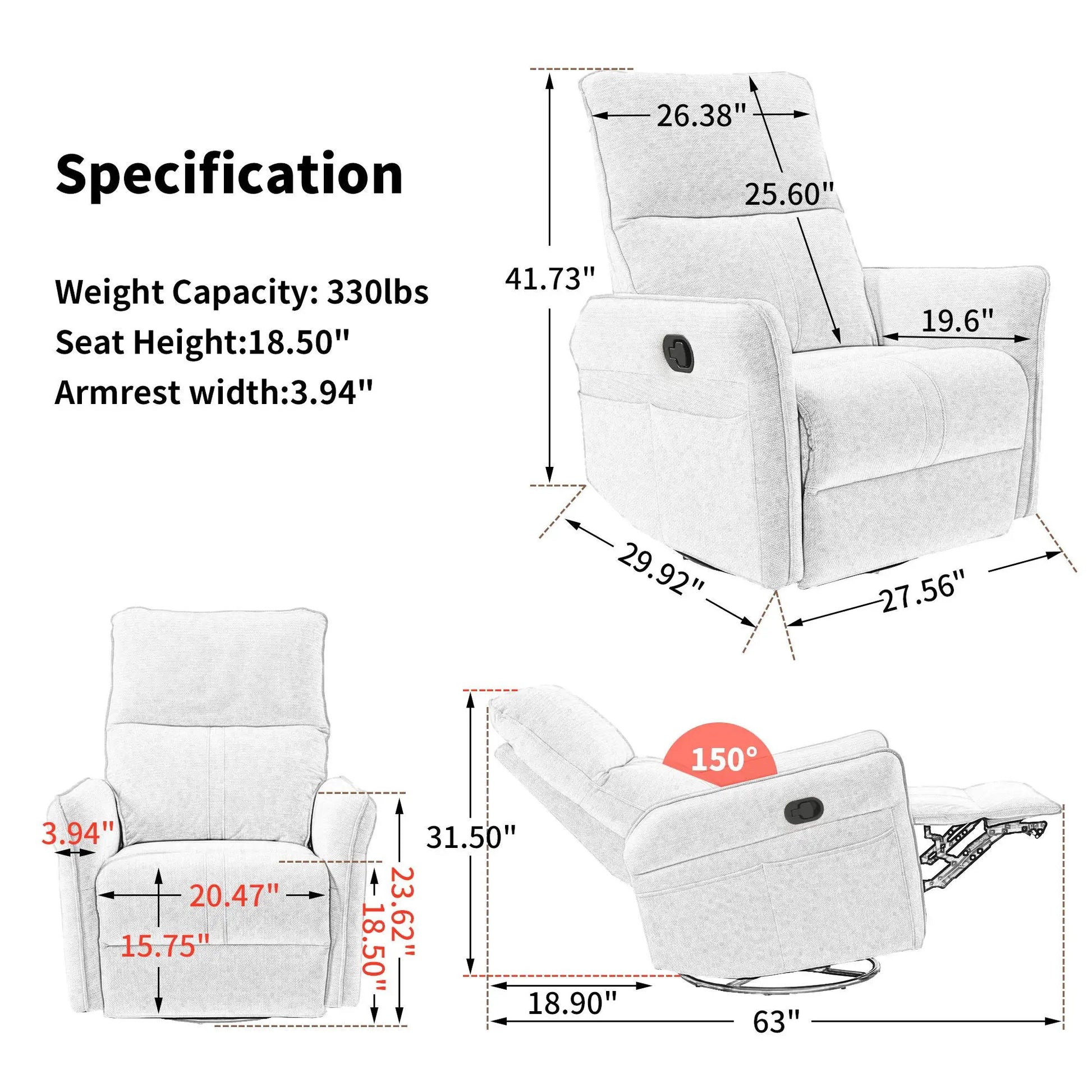 360° Rocking swivel recliner chair with side pocket gray fabric by Unique Piece Furniture on Tampa Home & Garden Store