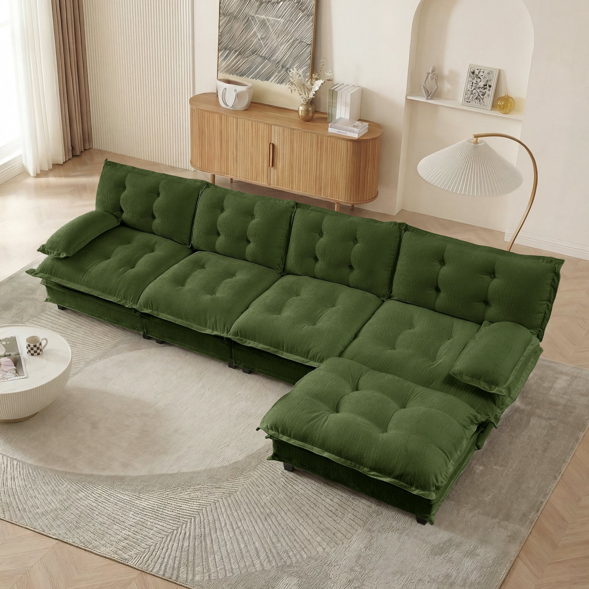 138in L-shaped modern sofa modular sectional with ottoman emerald green tufted velvet on Tampa Home & Garden Store