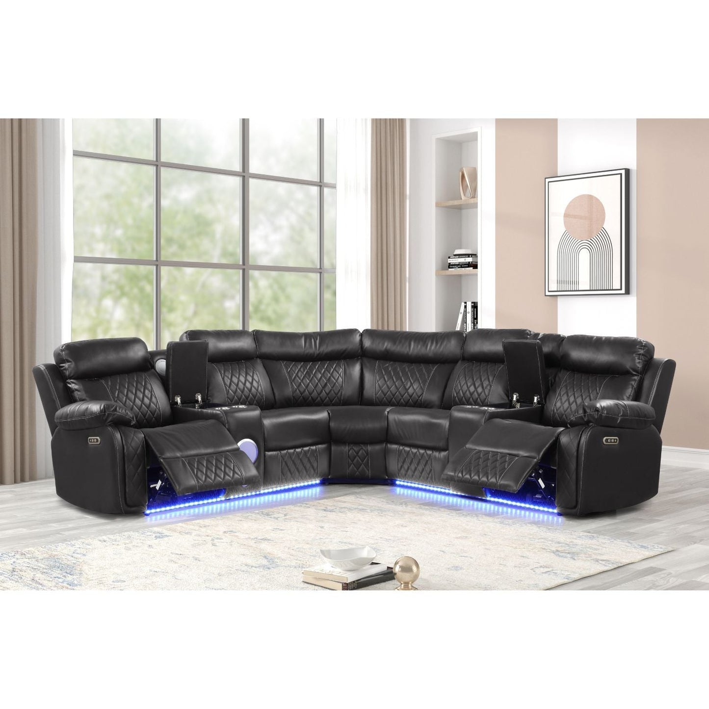 Lacrosse Power Reclining Sectional Sofa, black leather with curved chaise, blue LED base on Tampa Home & Garden Store