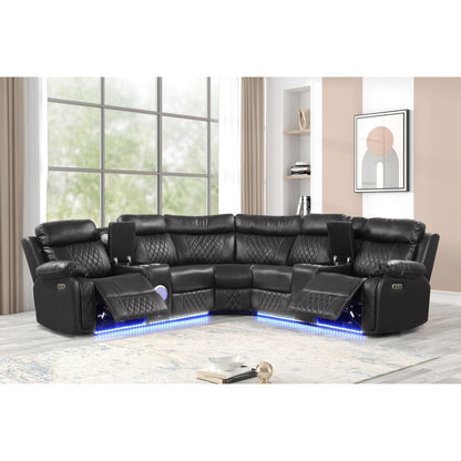 Lacrosse Power Reclining Sectional Sofa, black leather with curved chaise, blue LED base on Tampa Home & Garden Store