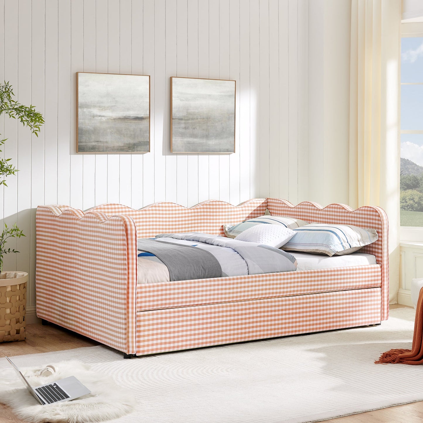 Full-size cozy gingham daybed with twin trundle in orange check fabric on Tampa Home & Garden Store