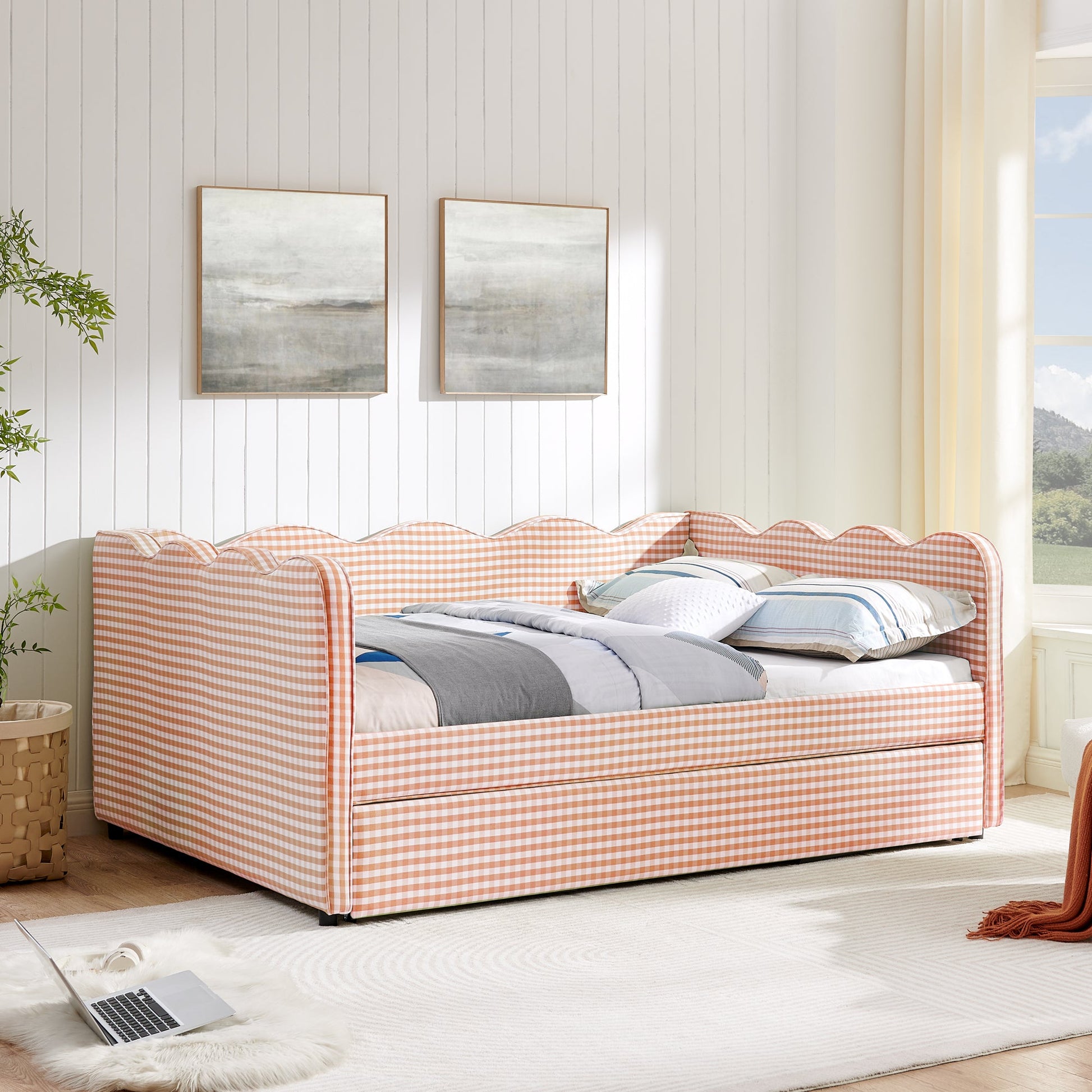 Full-size cozy gingham daybed with twin trundle in orange check fabric on Tampa Home & Garden Store