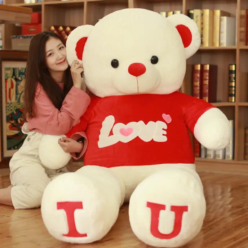 Heart Bear Pillow Plush Toy white teddy with red LOVE shirt, large cuddly companion on Tampa Home & Garden Store