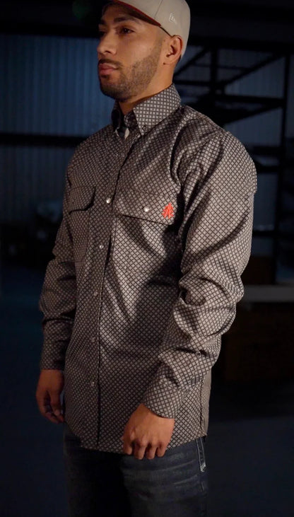 FR Pearl Snap Work Shirt Copperhead by Static FR, gray diamond-grid fabric with pearl snaps on Tampa Home & Garden Store