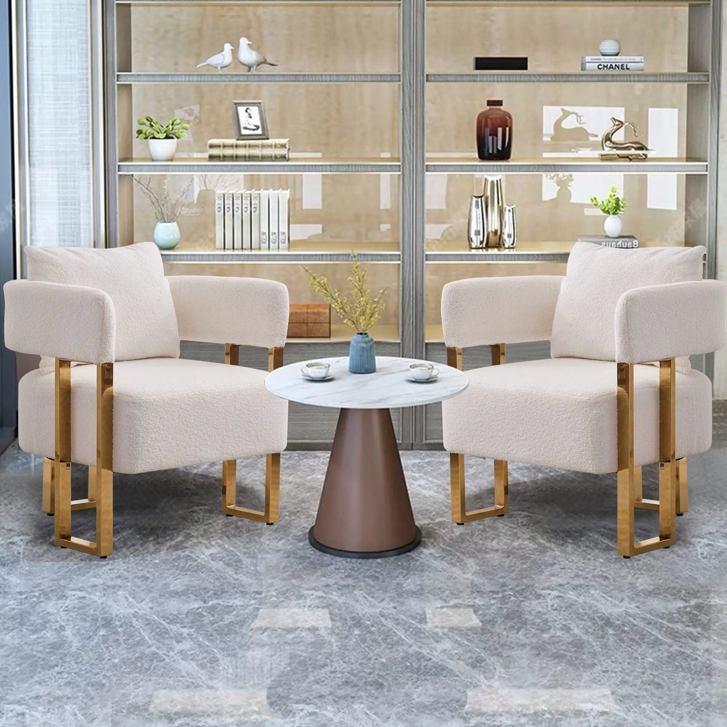 Modern decorative chair teddy fleece upholstered with gold metal legs, set of 4 Unique Piece Furniture on Tampa Home & Garden Store