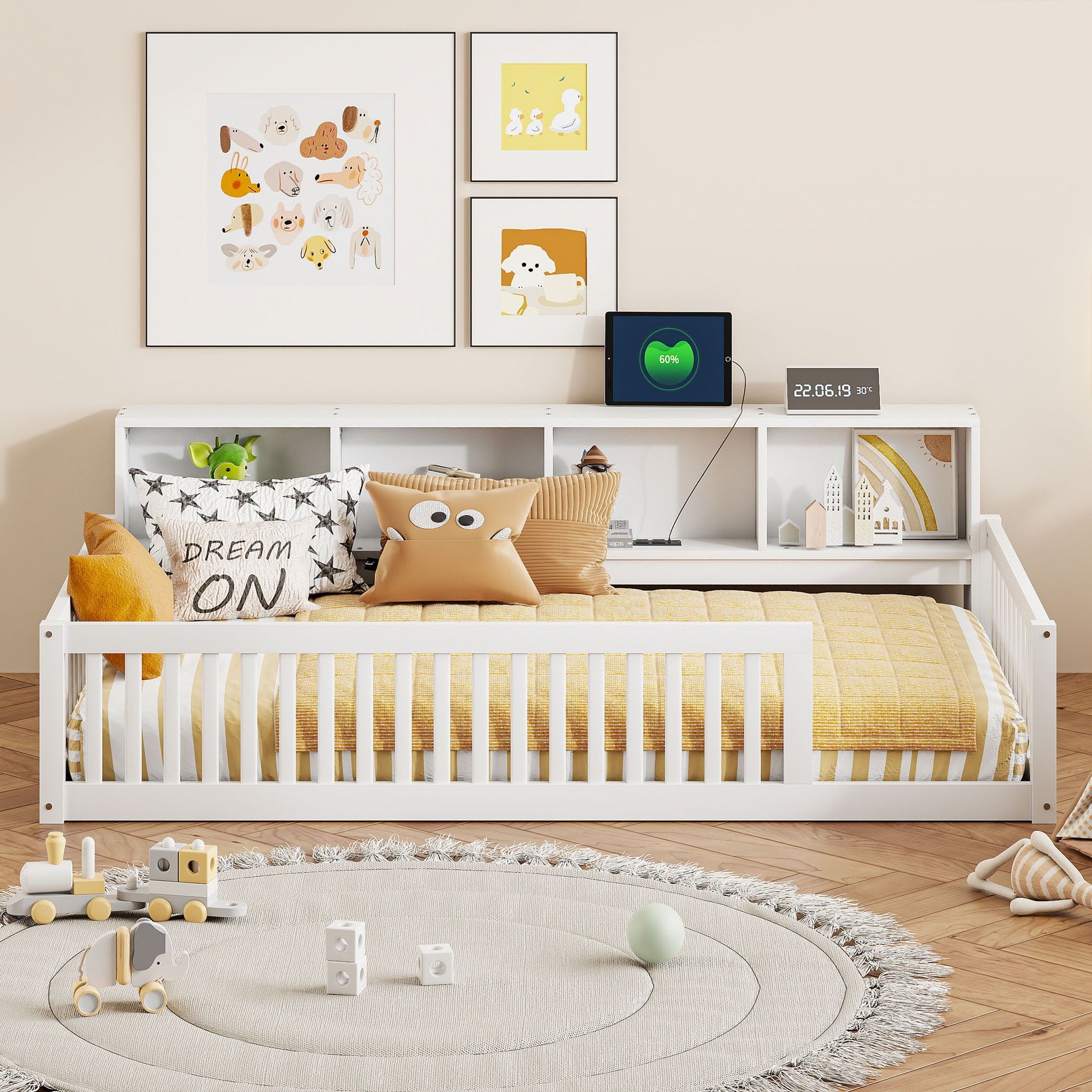 Floor bed with storage cabinets and USB ports by HouseOfZazla, white with built-in storage on Tampa Home & Garden Store