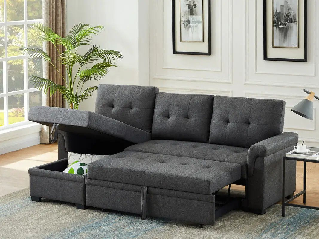 Destiny reversible sleeper sectional sofa with storage chaise in gray fabric on Tampa Home & Garden Store