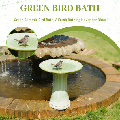 Handmade glazed ceramic green bird bath with daisy-petal embossed tray for garden pot saucers on Tampa Home & Garden Store