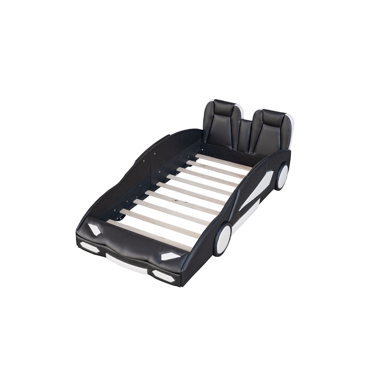 Race Car Shaped Twin Platform Bed With Wheels pine wood black headboard HouseOfZazla on Tampa Home & Garden Store