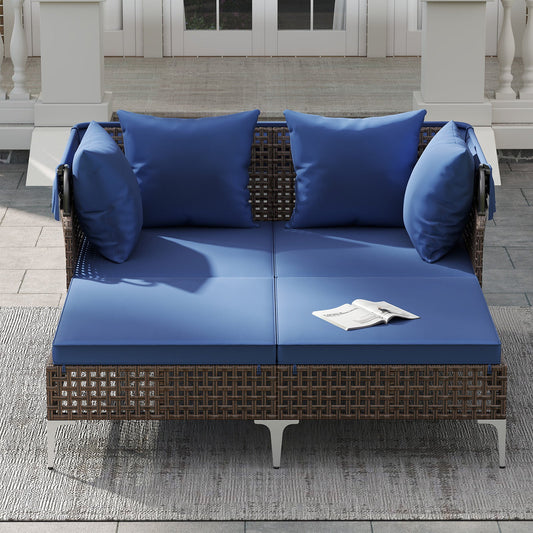 Outdoor Daybed with Retractable Canopy PE Wicker Rattan Patio Lounger - Tampa Home & Garden Store