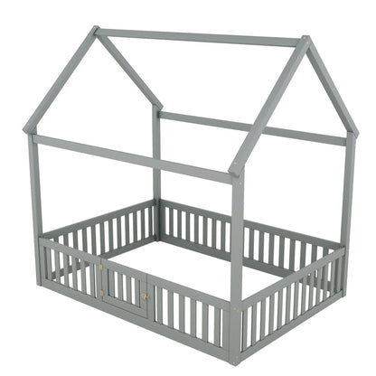 Wood House Bed with Fence and Door Sky Roof