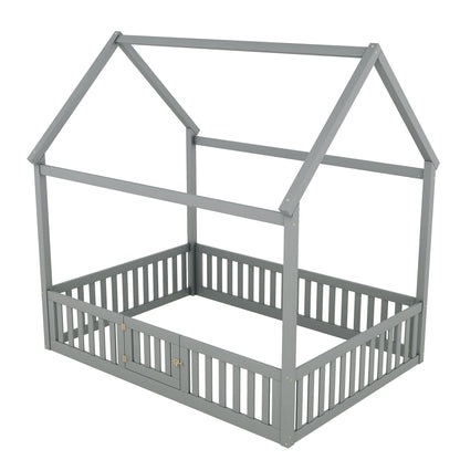 HouseOfZazla gray wood house bed with fence, platform bed on Tampa Home & Garden Store