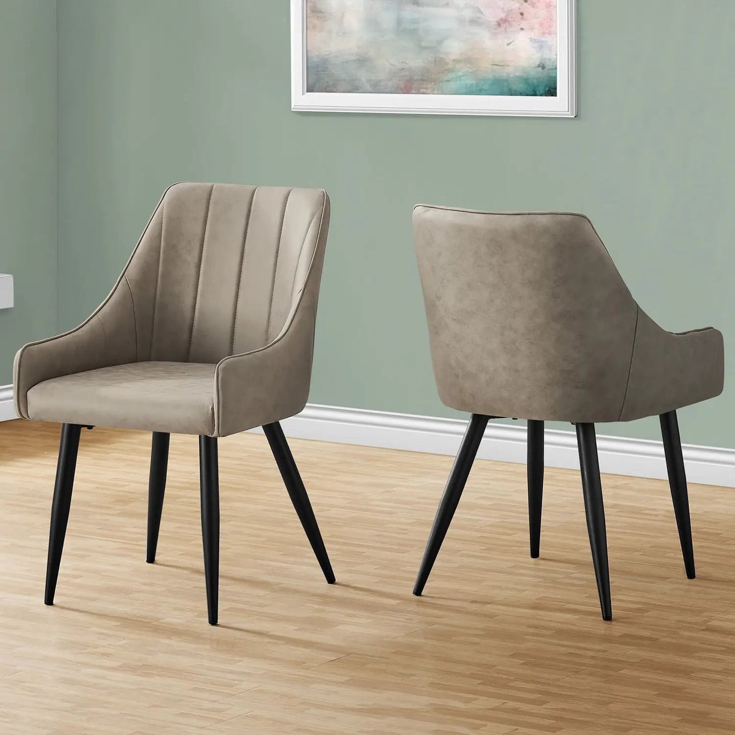 Upholstered side dining chairs set of 2 in taupe faux leather with black legs on Tampa Home & Garden Store