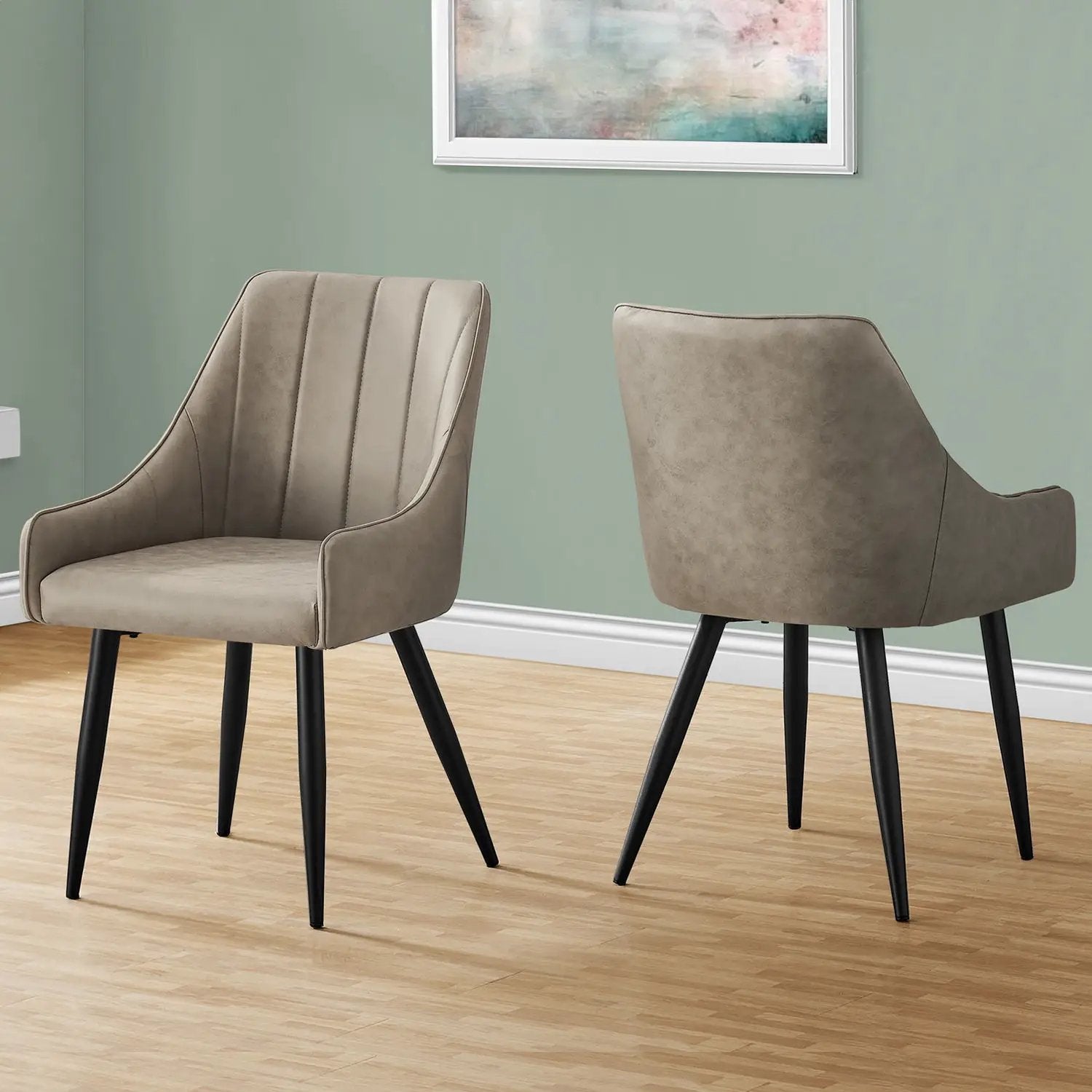 Upholstered side dining chairs set of 2 in taupe faux leather with black legs on Tampa Home & Garden Store
