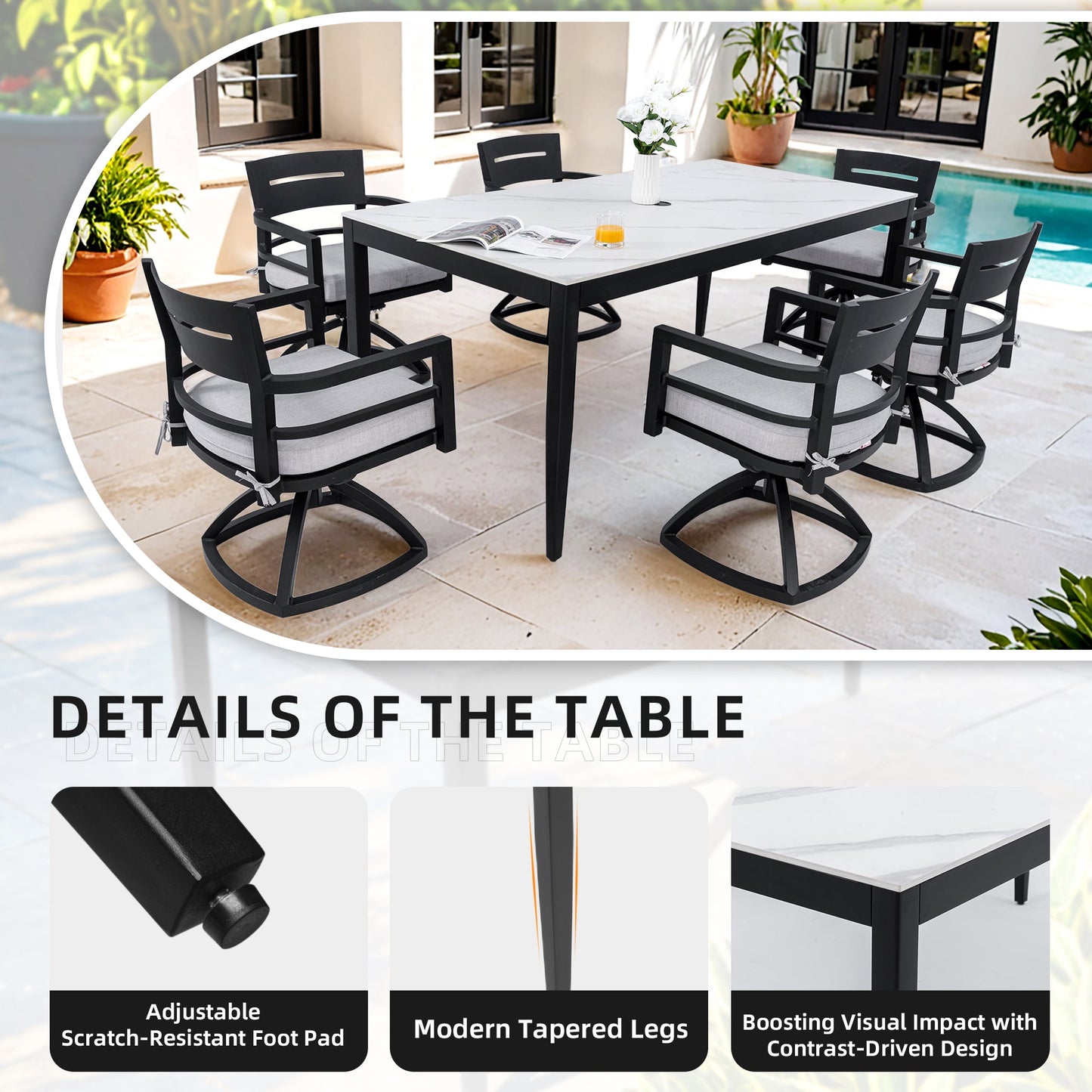 Modern 7pc Outdoor Patio Aluminum Dining Set with black frame, marble table and gray cushions on Tampa Home & Garden Store