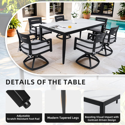 Modern 7pc Outdoor Patio Aluminum Dining Set with black frame, marble table and gray cushions on Tampa Home & Garden Store