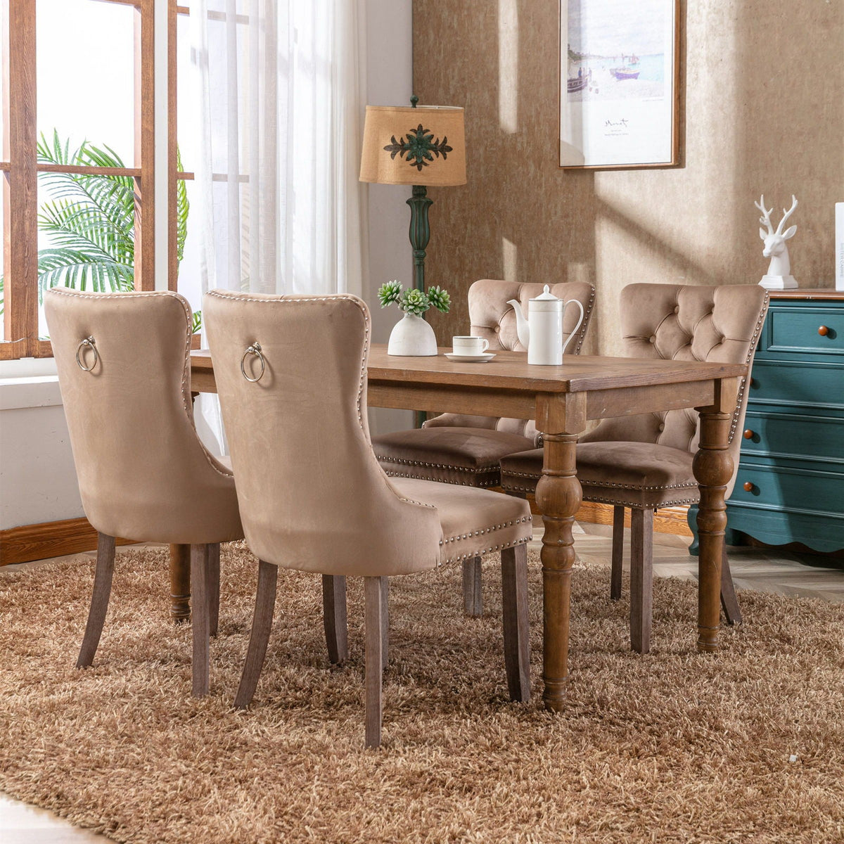 Set of 4 beige velvet tufted dining chairs with nailhead trim, HouseOfZazla on Tampa Home & Garden Store