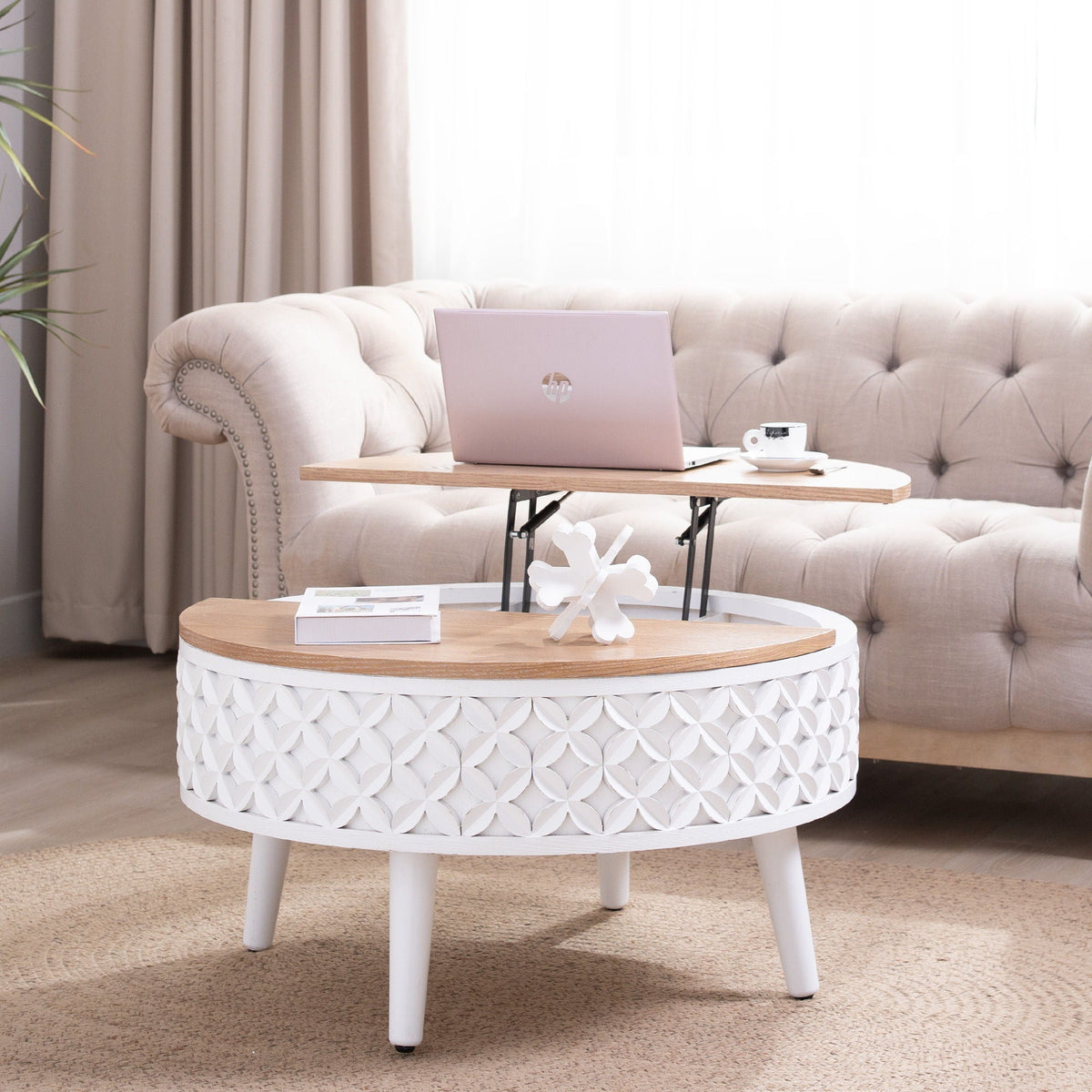 Round coffee table with storage, white base and light oak top, HouseOfZazla, on Tampa Home & Garden Store