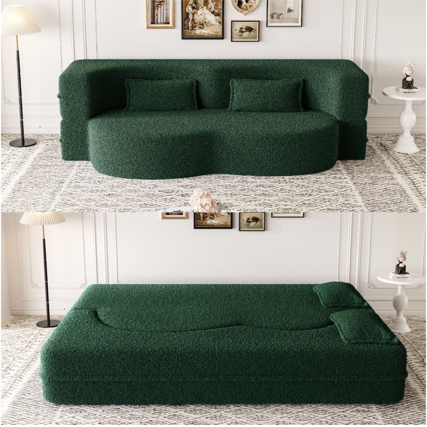 HouseOfZazla modern floor futon sofa in green teddy fabric with two pillows on Tampa Home & Garden Store