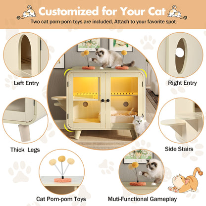 Cat Hidden Litter Box Enclosure with RGB LED Light and Glass Doors by HouseOfZazla, dual entry on Tampa Home & Garden Store
