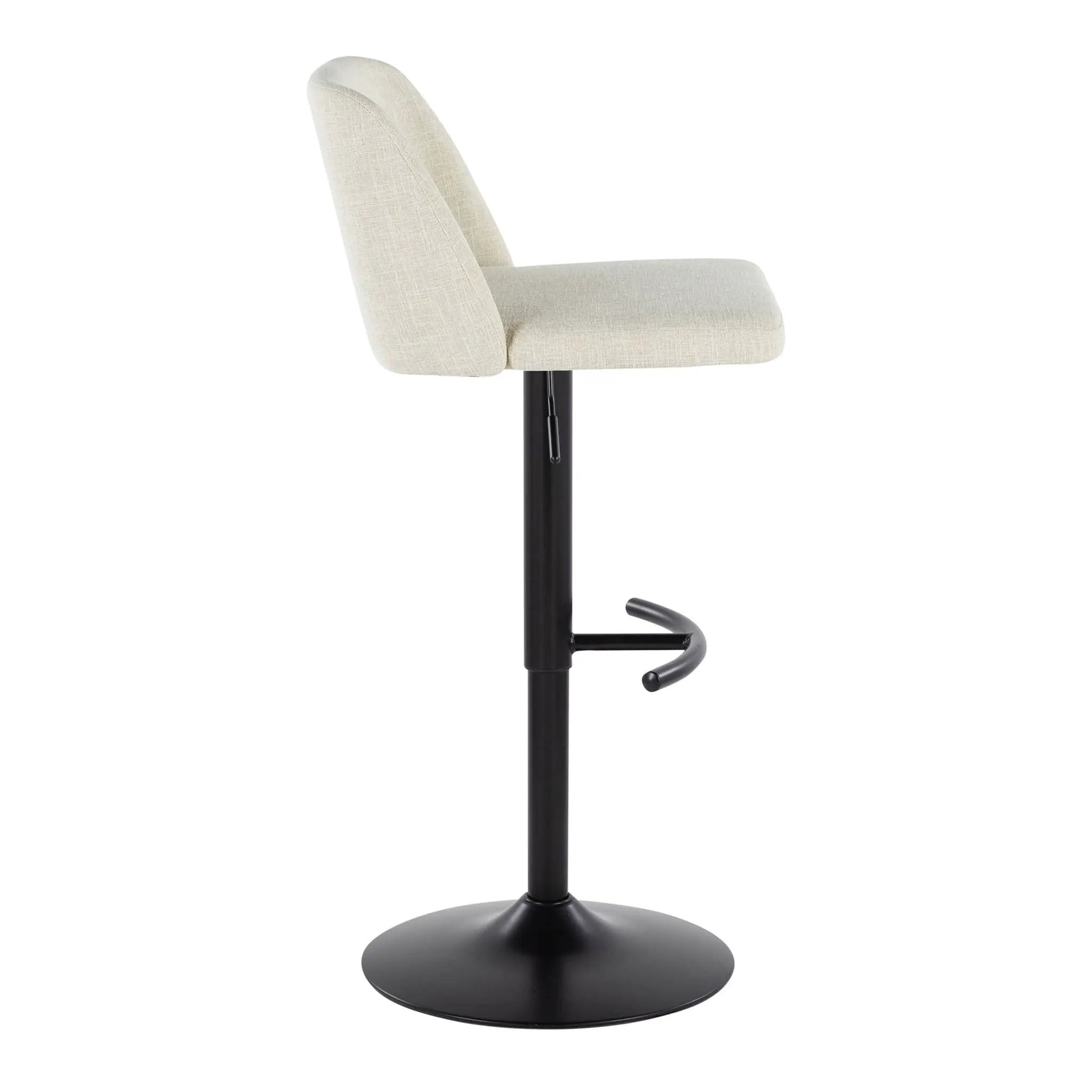 Toriano contemporary adjustable swivel barstool in beige fabric with a rounded T footrest on Tampa Home & Garden Store