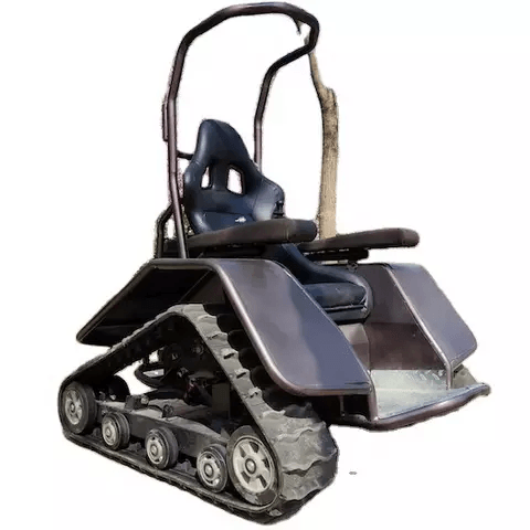 Allterain electric wheelchair with tracked drive, dark blue seat and rugged gray chassis on Tampa Home & Garden Store