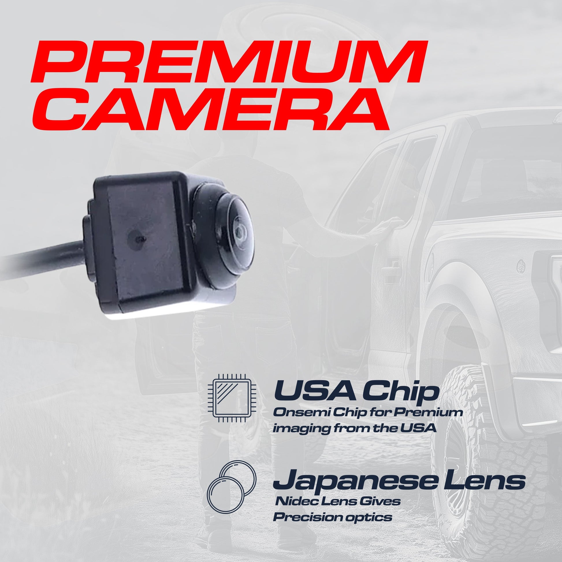 Backup camera by Master Tailgaters on vehicle with visible lens Premium Camera overlay on Tampa Home & Garden Store