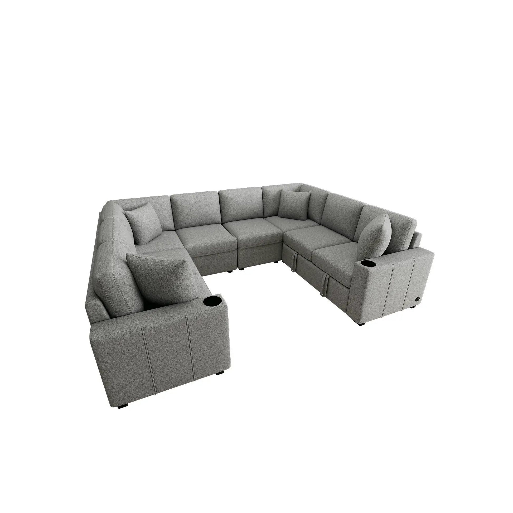 Modern gray U-shaped stationary sectional sofa with USB ports and cup holders on Tampa Home & Garden Store