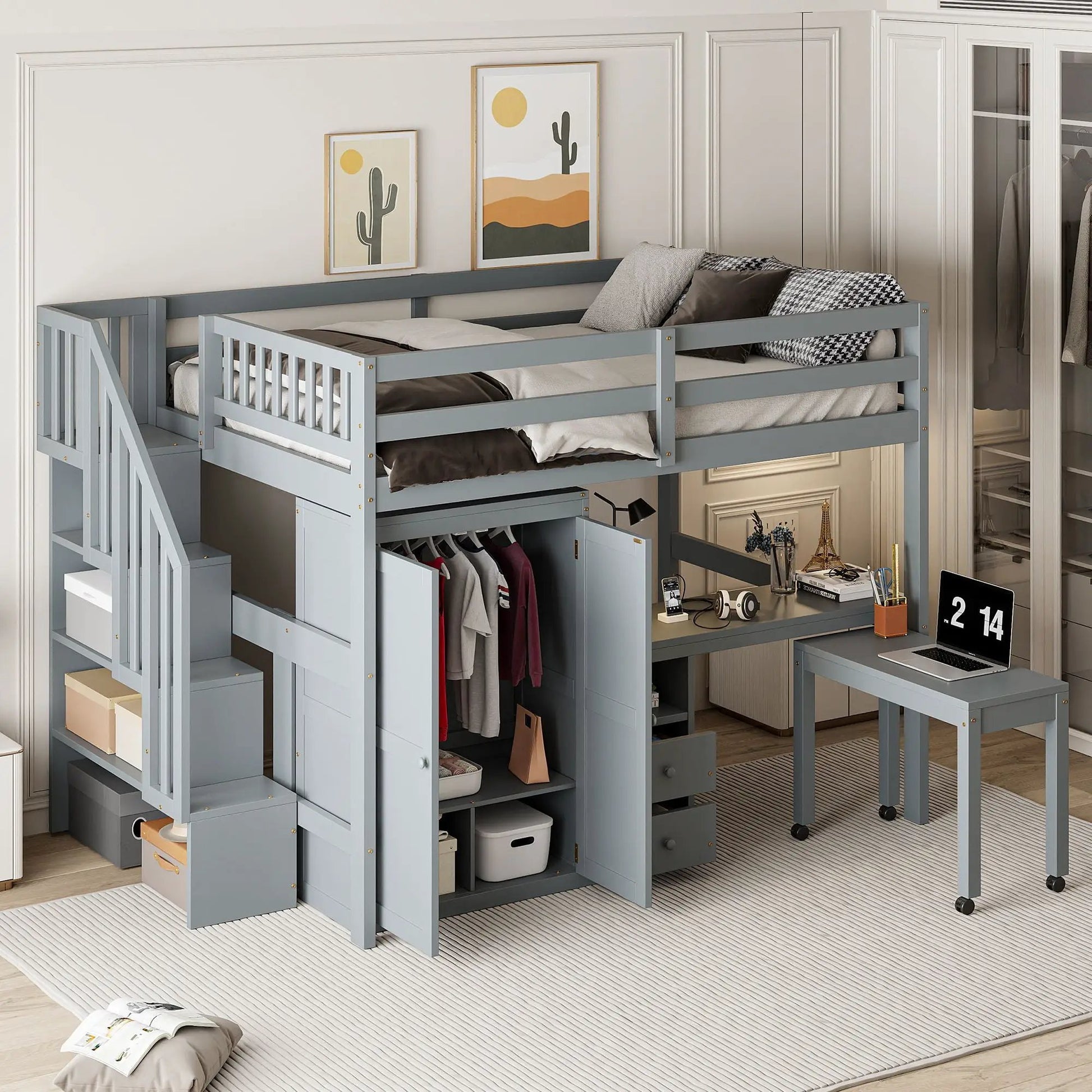 Loft bed with stairs, desk, wardrobe and drawers in grey-blue finish on Tampa Home & Garden Store