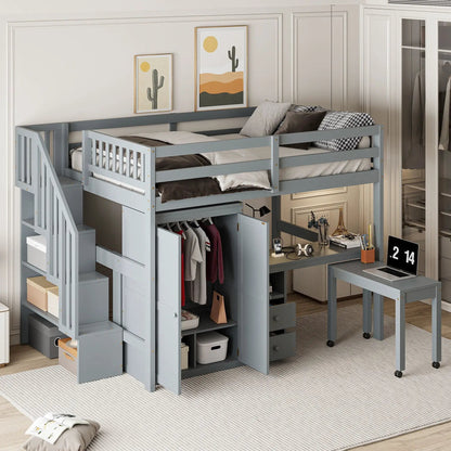 Loft bed with stairs, desk, wardrobe and drawers in grey-blue finish on Tampa Home & Garden Store