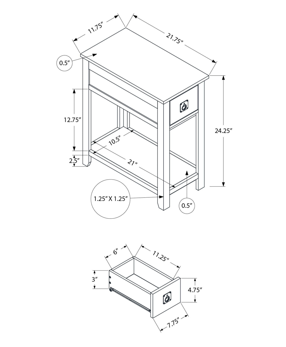 Accent End Table 2-Tier narrow schematic with storage drawer by HouseOfZazla, dimensions shown on Tampa Home & Garden Store