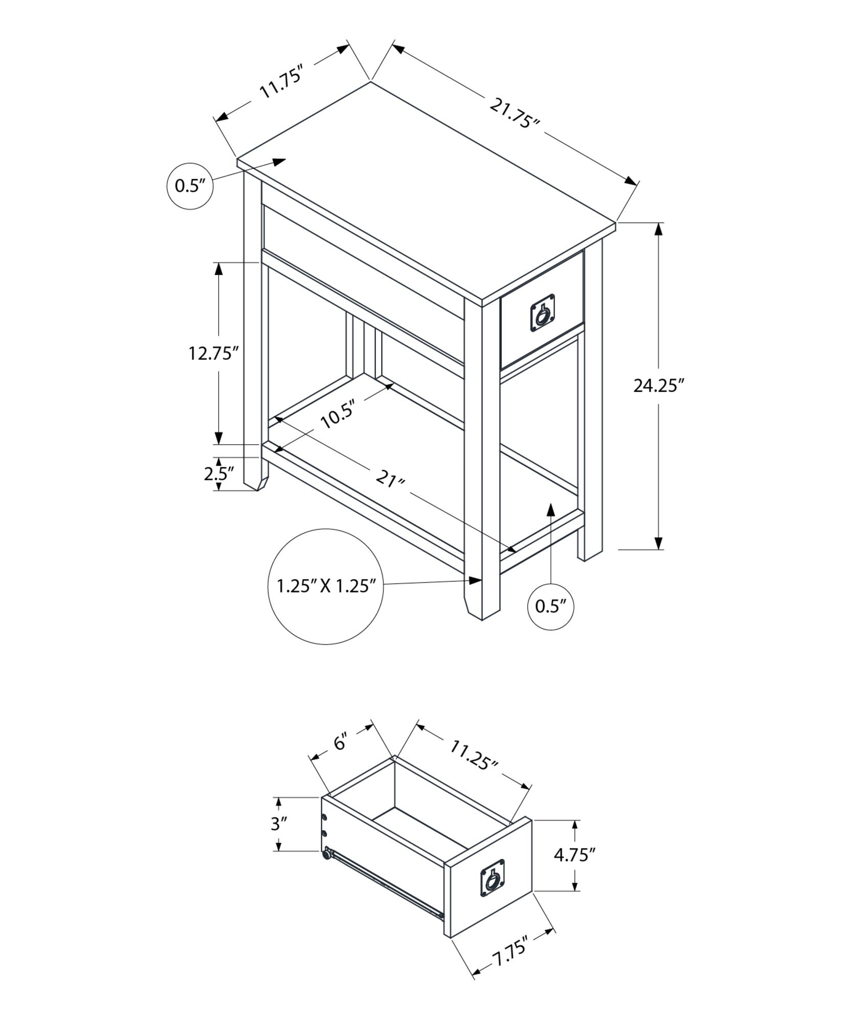 Accent End Table 2-Tier narrow schematic with storage drawer by HouseOfZazla, dimensions shown on Tampa Home & Garden Store